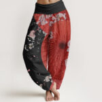 Buddha Stones Casual Red Oil-paper Umbrella Cherry Blossom Pattern Women's Elastic Waist Harem Pants - Black - US22，UK/AU26，EU54 (6XL) - image 8