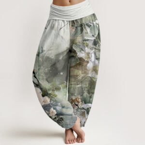 Buddha Stones Bamboo Tree Pavilion Flower Pattern Women's Elastic Waist Harem Pants - MediumSeaGreen - US22，UK/AU26，EU54 (6XL) - image 1