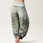 Buddha Stones Bamboo Tree Pavilion Flower Pattern Women's Elastic Waist Harem Pants - image 2