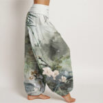 Buddha Stones Bamboo Tree Pavilion Flower Pattern Women's Elastic Waist Harem Pants - image 3