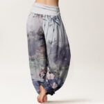 Buddha Stones Bamboo Tree Pavilion Flower Pattern Women's Elastic Waist Harem Pants - image 9