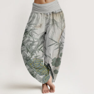 Buddha Stones Butterfly Bamboo Flower Pattern Women's Elastic Waist Harem Pants - LightGrey - US22，UK/AU26，EU54 (6XL) - image 1