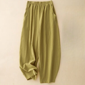 Buddha Stones Daily Plain Elastic Waistband Cotton Linen Women's Pants With Pockets