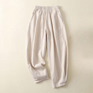 Buddha Stones Versatile Casual Solid Color Elastic Waistband Cotton Linen Women's Pants With Pockets