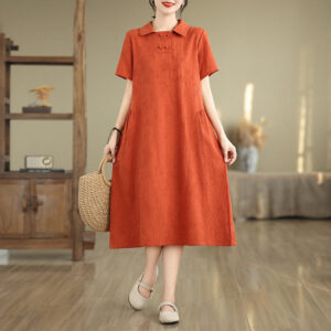 Buddha Stones Plain Jacquard Design Short Sleeve Cotton Linen Midi Dress With Pockets