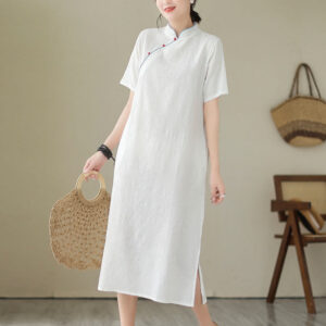 Buddha Stones Pure Color Short Sleeve Jacquard Chinese Cheongsam Qipao Midi Dress With Pockets