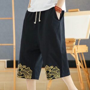 Buddha Stones Spring Casual Embroidery Drawstring Men's 7-8 Length Cotton Linen Harem Pants With Pockets