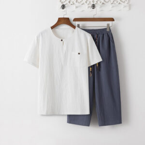 Buddha Stones Summer 2Pcs Plain Short Sleeve T-Shirt 7-8 Length Pants Cotton Linen Tang Suit Men's Meditation Cloth Set With Pockets