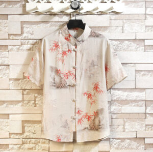 Buddha Stones Summer Bamboo Butterfly Pattern Short Sleeve Frog-button Design Men's Shirt Jacket