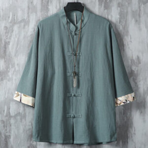 Buddha Stones Summer Frog-button Patchwork Half Sleeve Design Cotton Linen Men's Shirt Jacket