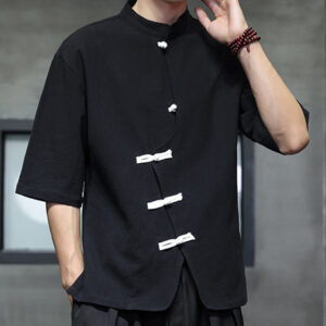 Buddha Stones Plain Chinese Frog-Button Stand Collar Cotton Linen Men's Half Sleeve Shirt