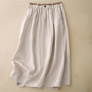 Buddha Stones Vintage Casual Plain Side Slit Elastic Waist Cotton Linen Women's Skirt With Pockets