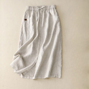 Buddha Stones Spring Lace-Up Button Slit Design Women's Cotton Linen Skirt With Pockets