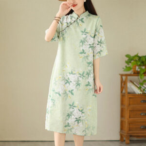 Buddha Stones Floral Jacquard Cotton Linen Chinese Cheongsam Qipao Half Sleeve Midi Dress With Pockets