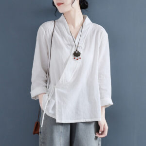 Buddha Stones Casual Solid Color Frog Button Long Sleeve Zen Cotton Linen Women's Shirt