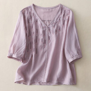 Buddha Stones Casual Shooting Star Embroidery V-Neck Half Sleeve Cotton Linen Women's Shirt