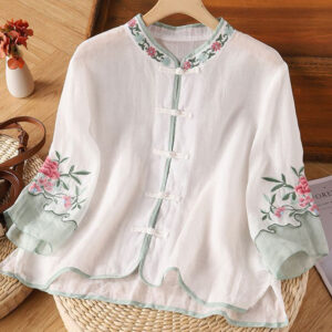 Buddha Stones Casual Embroidered Flowers Leaves Frog Button Three Quarter Sleeve Cotton Women's Shirt