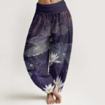 Buddha Stones Casual Lotus Leaves On The Lake Pattern Women's Elastic Waist Harem Pants - Indigo - US22，UK/AU26，EU54 (6XL) - image 8