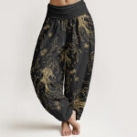 Buddha Stones Casual Koi Fish Waves And Petal Line Pattern Women's Elastic Waist Harem Pants - Black - US22，UK/AU26，EU54 (6XL) - image 1