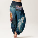 Buddha Stones Casual Koi Fish Lotus Water Ripples Pattern Women's Elastic Waist Harem Pants - image 3