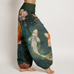 Buddha Stones Casual Koi Fish Lotus Water Ripples Pattern Women's Elastic Waist Harem Pants - image 9