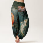 Buddha Stones Casual Koi Fish Lotus Water Ripples Pattern Women's Elastic Waist Harem Pants - image 10