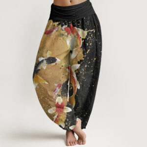 Buddha Stones Casual Koi Fish Gold Ink Background Pattern Women's Elastic Waist Harem Pants - Black - US22，UK/AU26，EU54 (6XL) - image 1