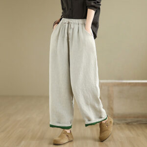 Buddha Stones Spring Casual Simple Design Drawstring Cotton Linen Women's Wide Leg Pants With Pockets