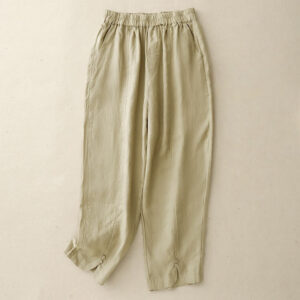 Buddha Stones Summer Solid Color Side Button Design Cotton Linen Women's Harem Pants With Pockets