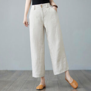 Buddha Stones Daily Solid Color Patchwork Simple Design Cotton Linen Women's Pants With Pockets