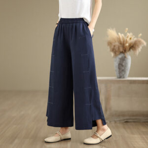 Buddha Stones Spring Casual Navy Simple Line Design Cotton Linen Women's Wide Leg Pants With Pockets