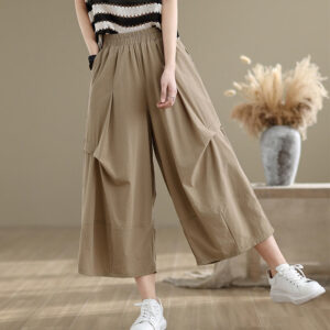 Buddha Stones Summer Irregular Pleating Design Cotton Women's Wide Leg Pants With Pockets