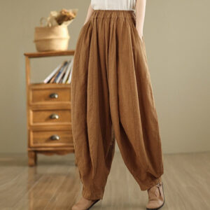 Buddha Stones Vintage Patchwork Lantern Design Cotton Linen Women's Wide Leg Pants With Pockets
