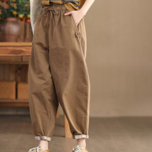 Buddha Stones Casual Plain Patched Cuff Design Women's Cotton Harem Pants With Pockets