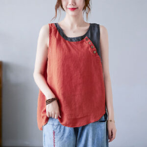 Buddha Stones Summer Color Matching Fake 2 Pieces Design Crew Collar Cotton Linen Women's Vest Waistcoat