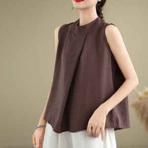 Buddha Stones Casual Plain Back Buttom Design Stand Collar Cotton Linen Women's Sleeveless Vest