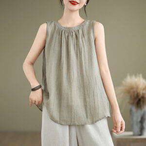 Buddha Stones Summer Wrinkles Simple Design Crew Neck Cotton Linen Women's Sleeveless Vest Waistcoat