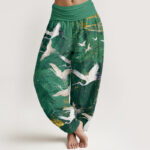Buddha Stones Flying White Cranes Auspicious Clouds Design Women's Elastic Waist Harem Pants - MediumSpringGreen - US22，UK/AU26，EU54 (6XL) - image 1