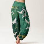 Buddha Stones Flying White Cranes Auspicious Clouds Design Women's Elastic Waist Harem Pants - image 2