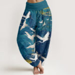 Buddha Stones Flying White Cranes Auspicious Clouds Design Women's Elastic Waist Harem Pants - DarkCyan - US22，UK/AU26，EU54 (6XL) - image 5