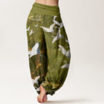 Buddha Stones Flying White Cranes Auspicious Clouds Design Women's Elastic Waist Harem Pants - image 9