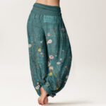 Buddha Stones Pink White Flowers Bamboo Leaves Fruits Design Women's Elastic Waist Harem Pants - image 2