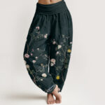 Buddha Stones Pink White Flowers Bamboo Leaves Fruits Design Women's Elastic Waist Harem Pants - Black - US22，UK/AU26，EU54 (6XL) - image 8