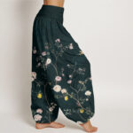Buddha Stones Pink White Flowers Bamboo Leaves Fruits Design Women's Elastic Waist Harem Pants - image 10