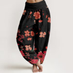 Buddha Stones Red Flowers Common Poppy Design Women's Elastic Waist Harem Pants - Black - US22，UK/AU26，EU54 (6XL) - image 1