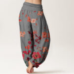 Buddha Stones Red Flowers Common Poppy Design Women's Elastic Waist Harem Pants - image 6