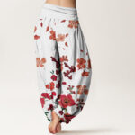 Buddha Stones Red Flowers Common Poppy Design Women's Elastic Waist Harem Pants - image 9