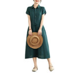 Buddha Stones Summer Plain Single Breasted Drawstring Cotton Linen Midi Dress With Pockets - image 17