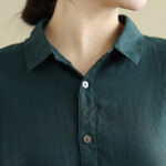 Buddha Stones Summer Plain Single Breasted Drawstring Cotton Linen Midi Dress With Pockets - image 13