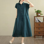 Buddha Stones Summer Plain Single Breasted Drawstring Cotton Linen Midi Dress With Pockets - image 12